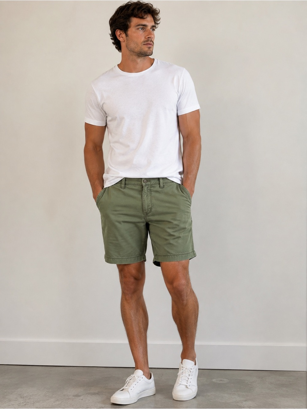 Old Navy Men’s Olive Green Chino Shorts Size 34 Casual Flat Front Cotton Stretch